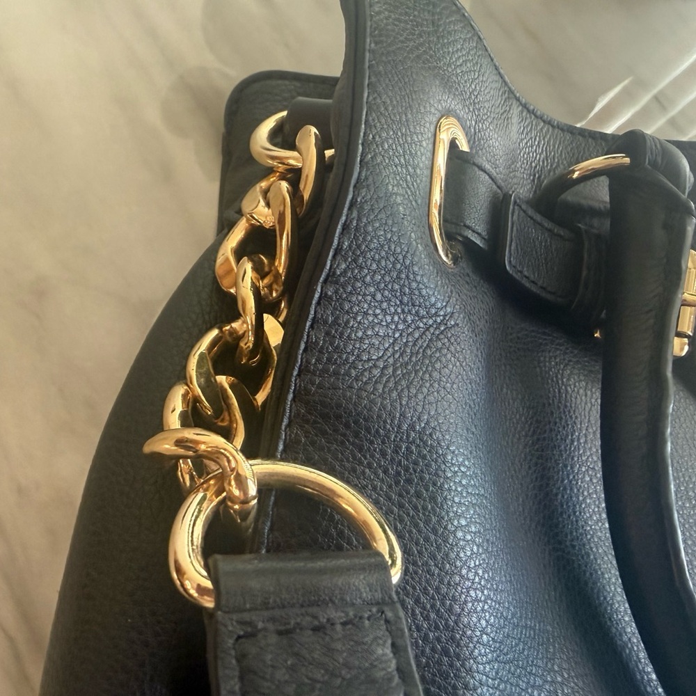 Michael Kors Hamilton Black Leather Satchel Bag with Gold Accents - Picture 4 of 16